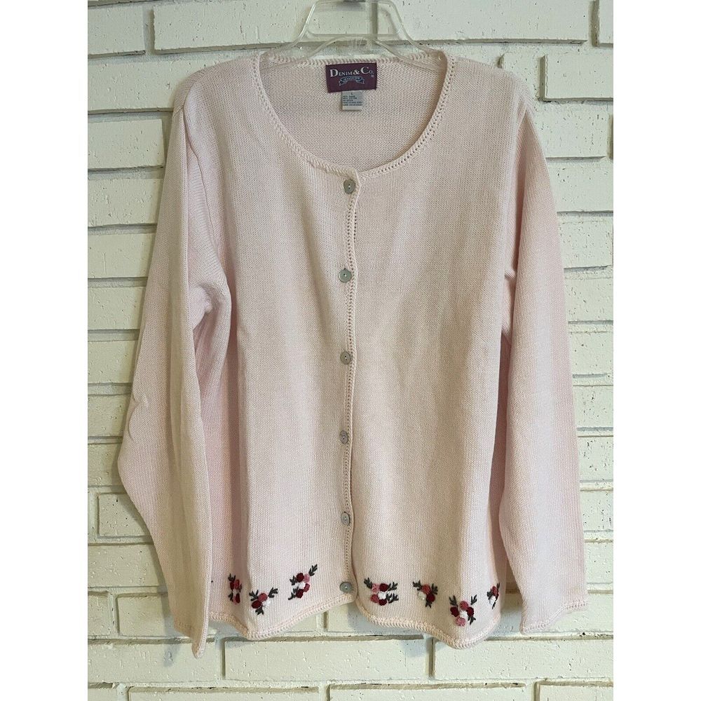 Denim & Co. Cardigan Sweater Size Large Pink with Floral Embroidered Bottom